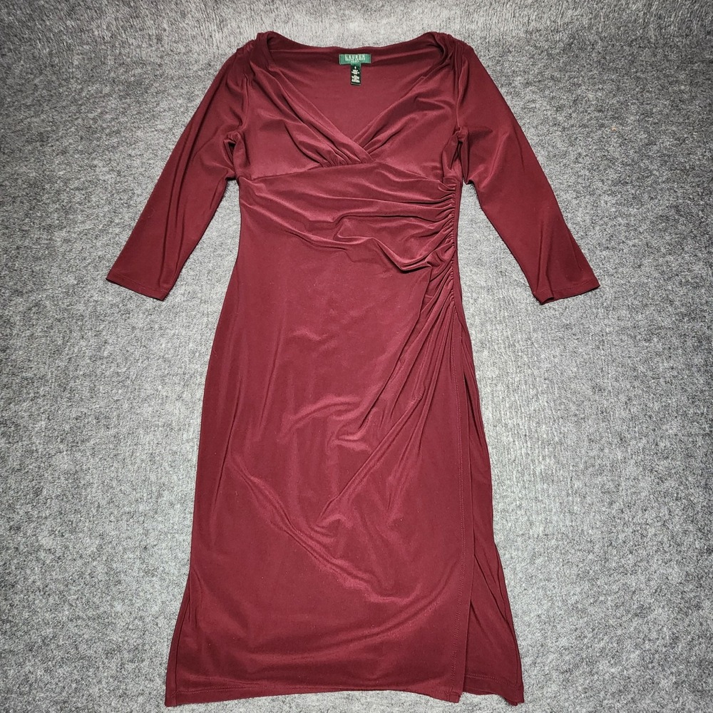 Lauren Ralph Lauren Maroon Deep V-Neck Ruched Wrap 3/4 Sleeve Dress 8 Cocktail